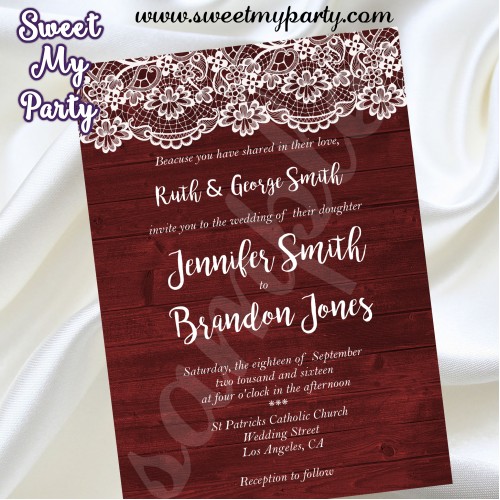 Rustic Wedding invitation,Wood Lace Wedding Invitation,Vintage Wedding Invitation,(017w)